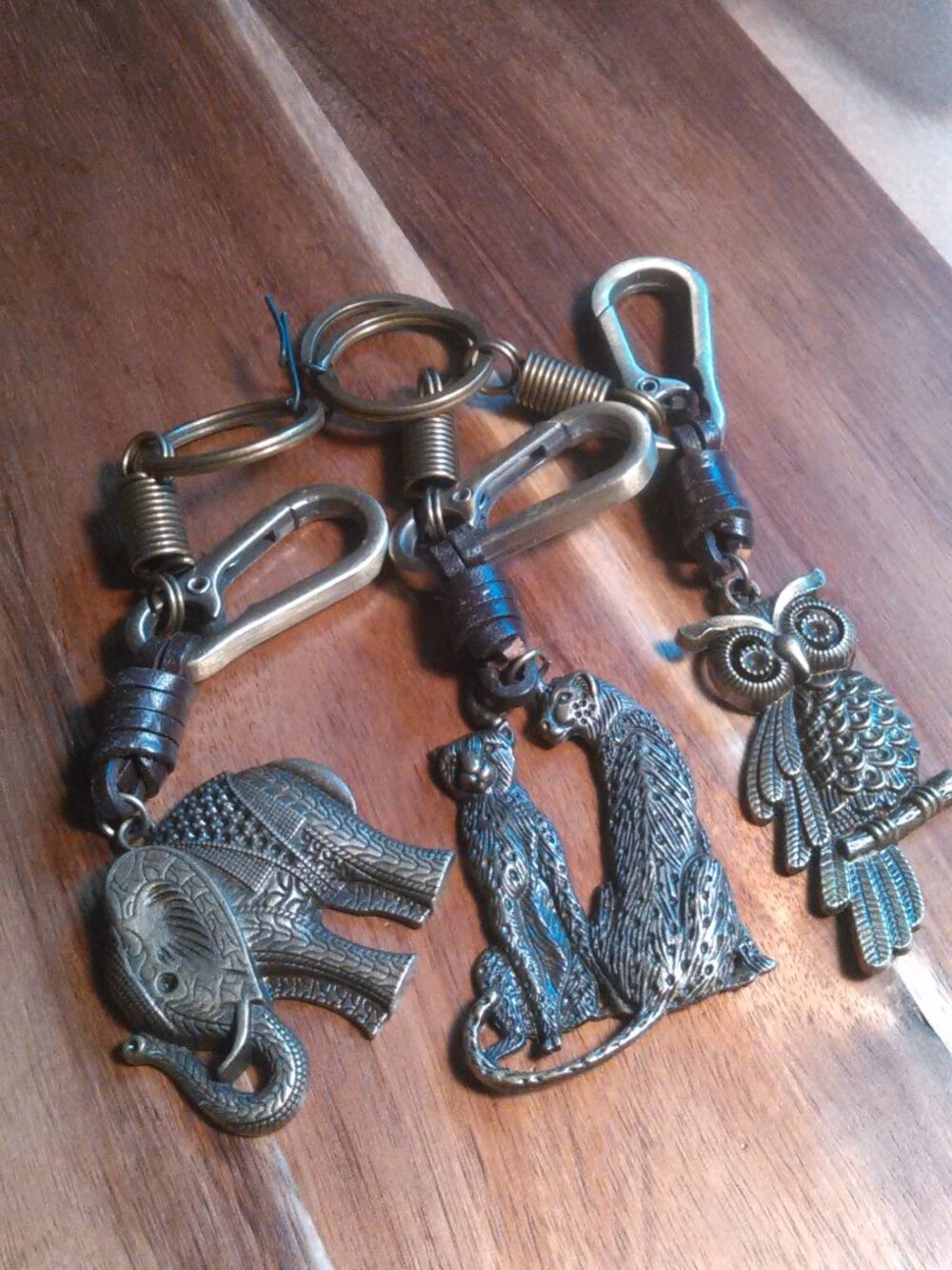 Set of Three Faux Leather Goldtone Keychains (Elephant, Cheetah, and Owl)